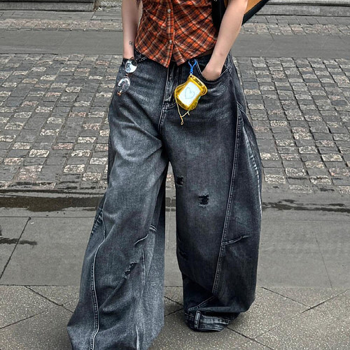 大码美式复古做旧廓形破洞牛仔裤男女街头解构宽松阔腿弯刀长裤潮 - 图1