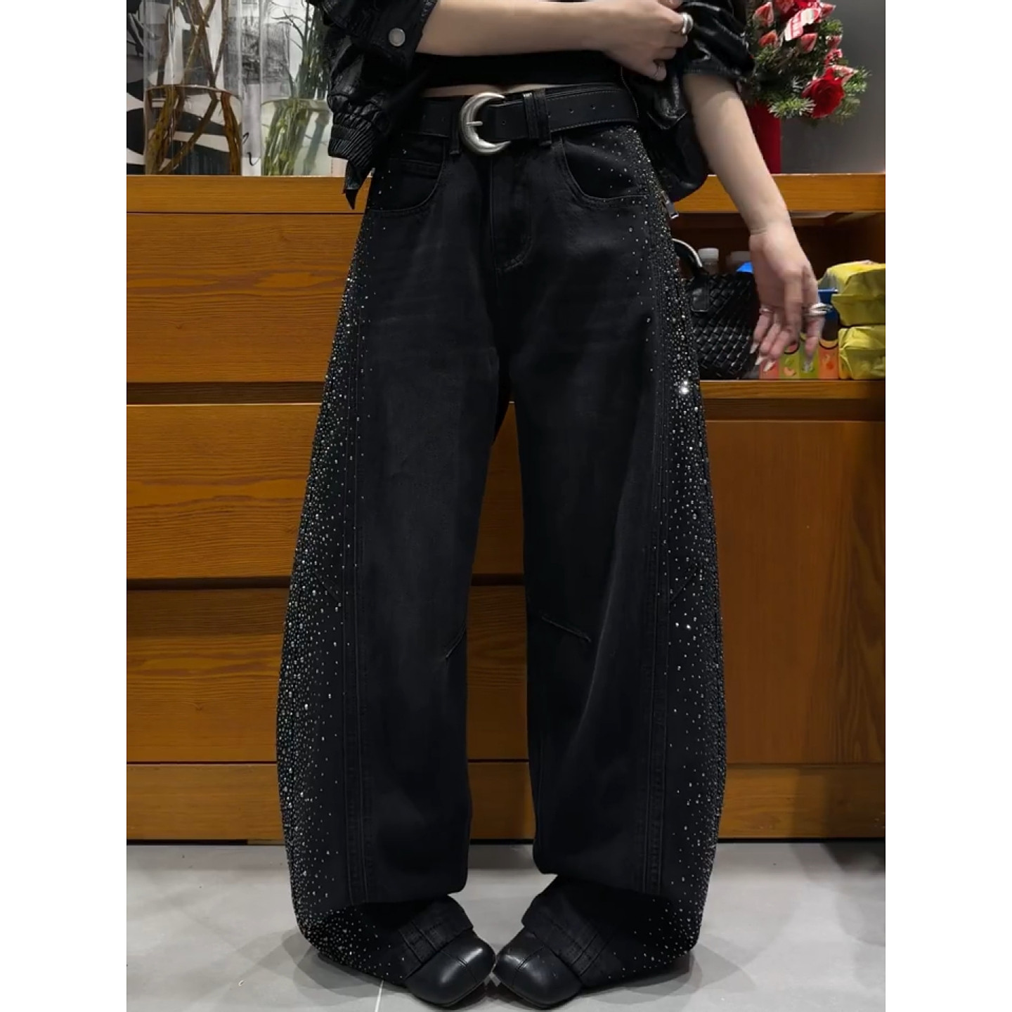 大码美式复古设计感重工烫钻牛仔裤女春季新款宽松弯刀阔腿拖地裤,淘宝优惠券,粉丝福利购,淘宝优惠卷