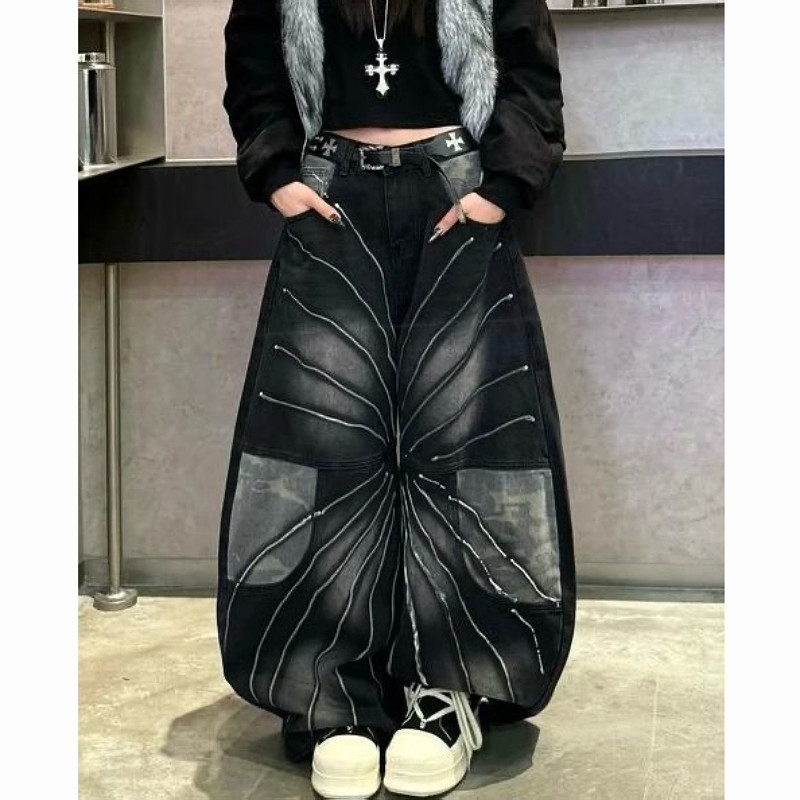 大码美式复古迷彩拼接弯刀牛仔裤男女街头设计感宽松百搭阔腿长裤,淘宝优惠券,粉丝福利购,淘宝优惠卷