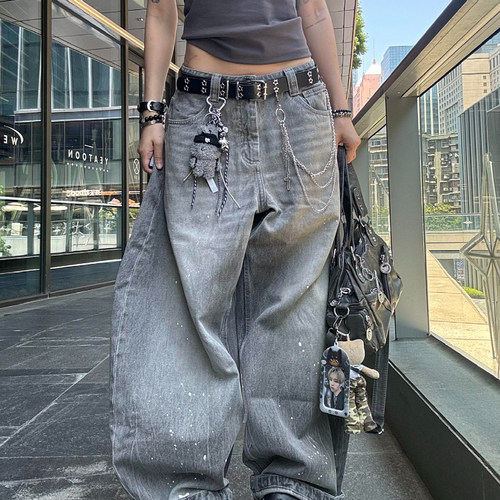 大码美式复古水洗做旧泼墨弯刀牛仔裤女2025夏街头风宽松阔腿长裤 - 图2