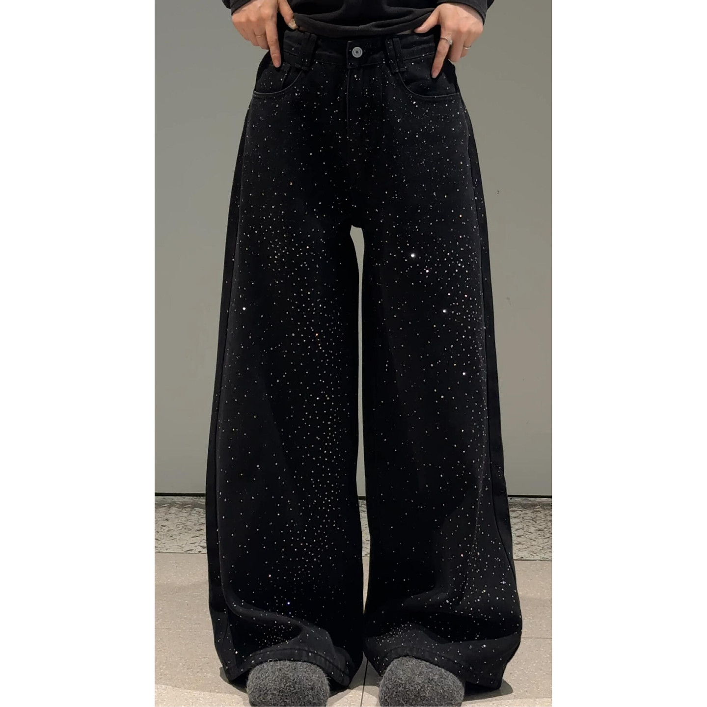 美式复古满天星烫钻黑色阔腿裤女大码宽松显瘦炸街时髦休闲牛仔裤,淘宝优惠券,粉丝福利购,淘宝优惠卷