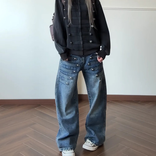 大码美式复古重工双排扣设计感牛仔裤女秋季新款街头个性弯刀裤潮 - 图2