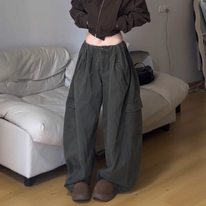 大码美式复古多口袋褶皱工装牛仔裤女2025秋冬宽松休闲阔腿拖地裤,淘宝优惠券,粉丝福利购,淘宝优惠卷