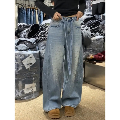 大码美式复古设计感烫钻牛仔裤女2025秋冬辣妹宽松显瘦阔腿拖地裤 - 图0