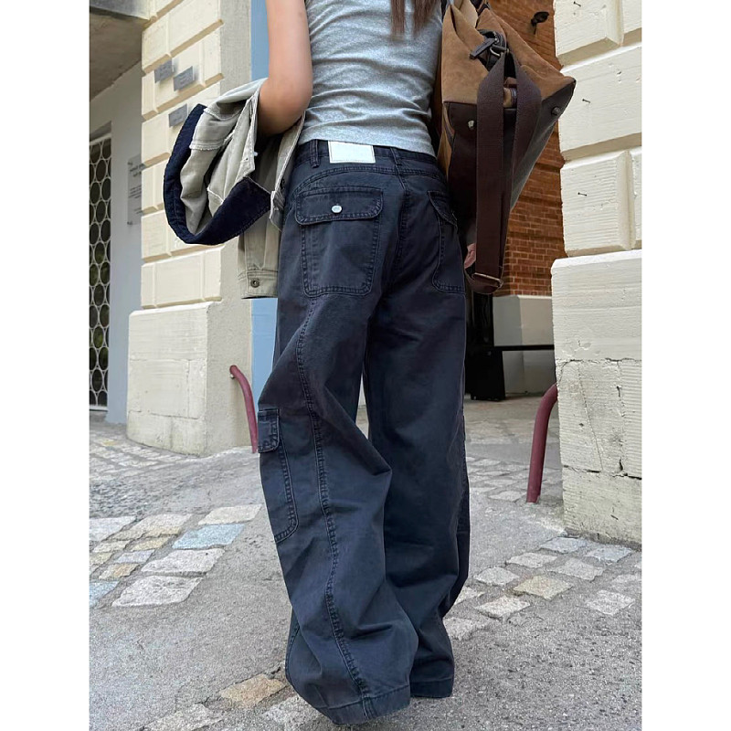 大码美式复古多口袋拼接工装牛仔裤男女水洗做旧宽松休闲直筒长裤,淘宝优惠券,粉丝福利购,淘宝优惠卷