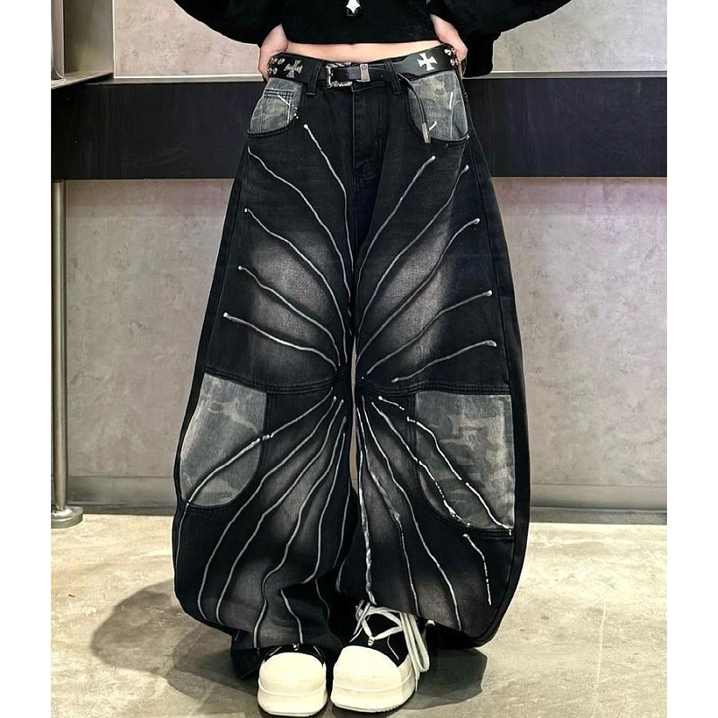 大码美式复古迷彩拼接弯刀牛仔裤男女街头设计感宽松百搭阔腿长裤,淘宝优惠券,粉丝福利购,淘宝优惠卷