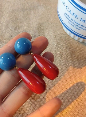 复古亚克力耳环港风红色耳饰