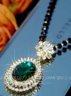 时尚绿色椭圆形水晶毛衣链