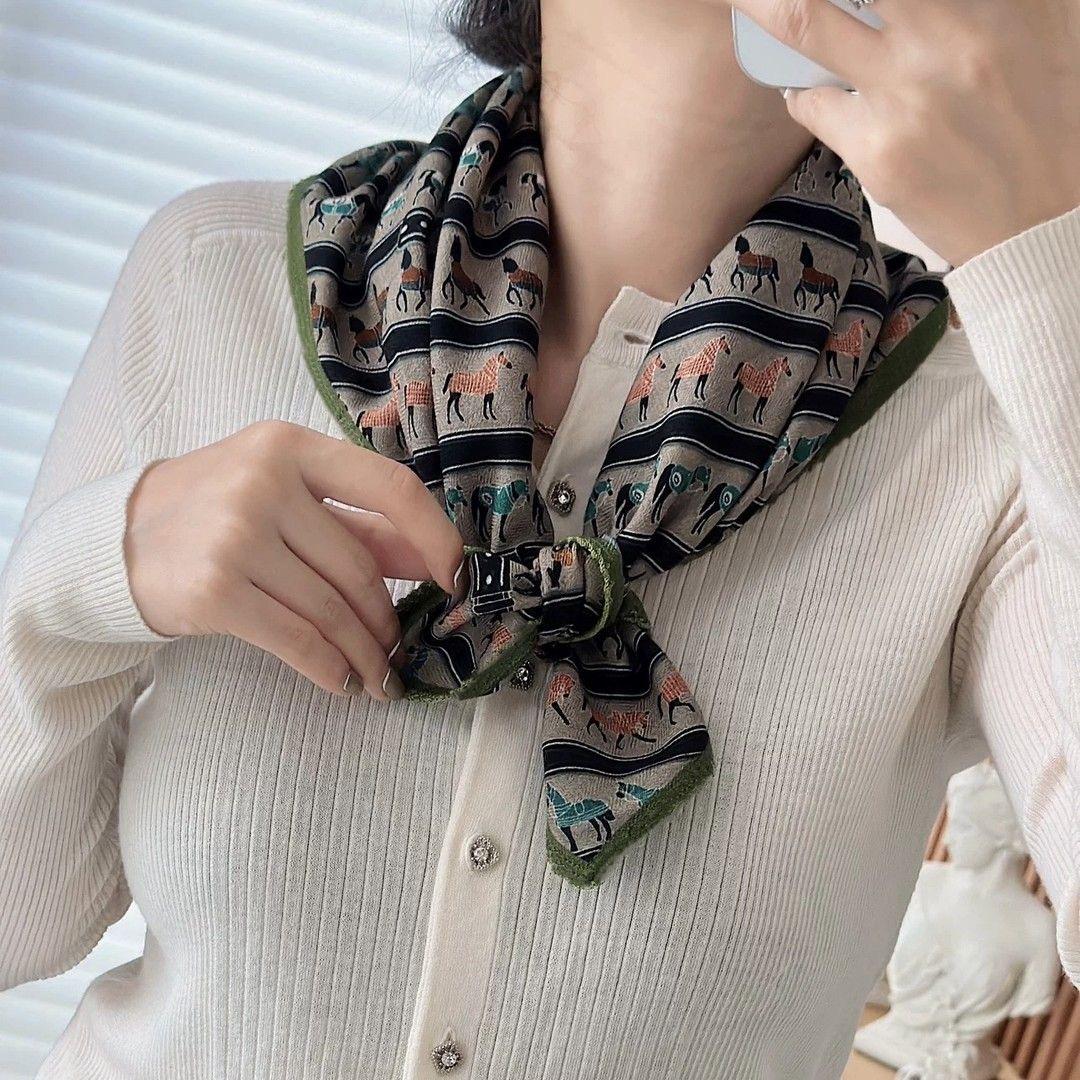 高级感丝巾女小围巾女春秋季棉麻手感脖子围脖小方巾新款日系优雅