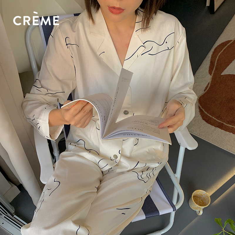 Creme法式家居服C系列舒适棉麻抽象印花家居服白色两件套装睡衣女