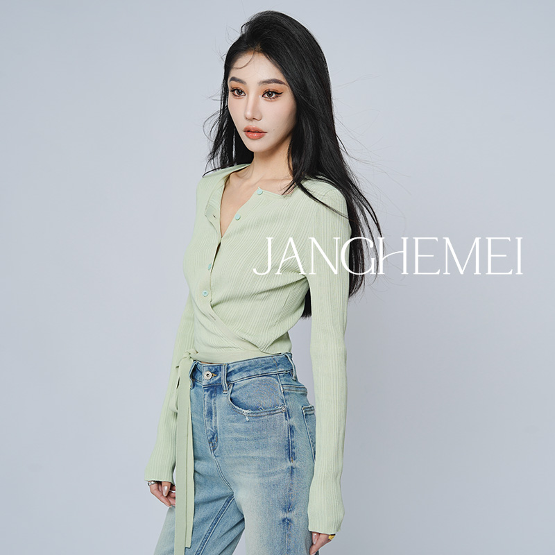 JANGHEMEI【别致绑带针织开衫】春秋新款长袖茶里茶气短款上衣女 - 图1