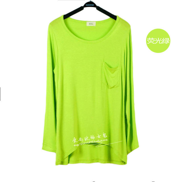 Spring and summer European and American style plus size women's bottoming shirt slim round neck pocket modal long sleeve t-shirt loose