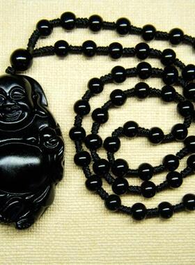 天然黑曜石弥勒佛项链吊坠