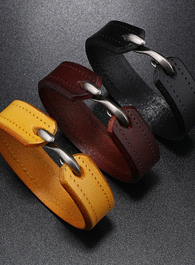 网红简约百搭s勾复古男士皮质手环欧美时尚潮男手镯光面个性手链