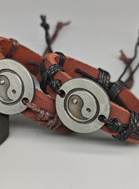 网红网红小众简约手工编织八卦皮革手链复古合金阴阳太极手环手绳