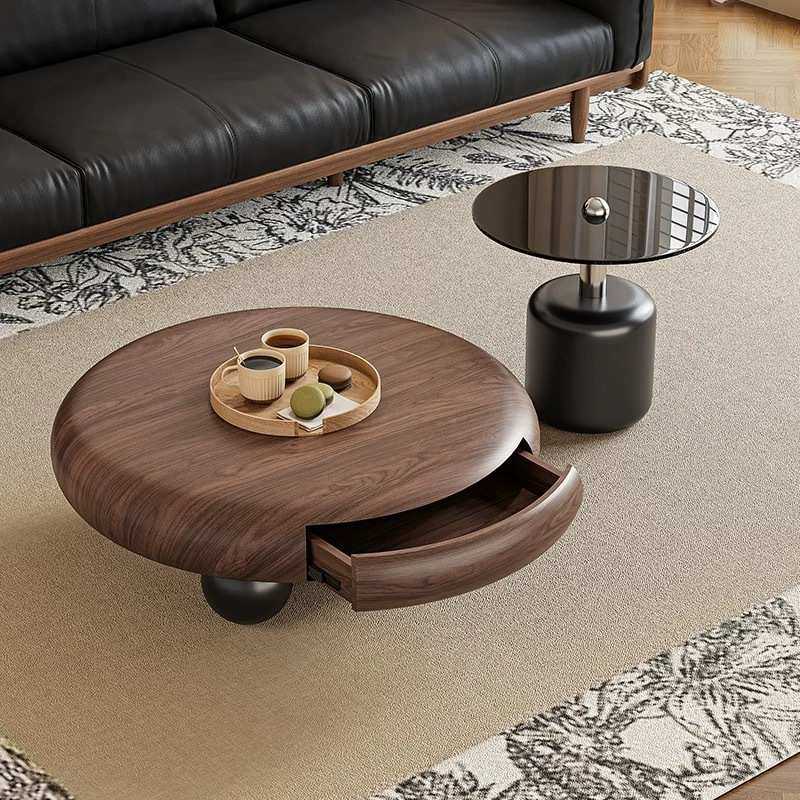 中古风胡桃木饰面茶几茶台家用客厅高端轻奢储物大小圆茶边几组合,淘宝优惠券,粉丝福利购,淘宝优惠卷