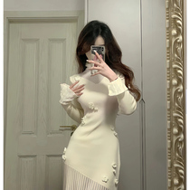 Korean Ensemble Gentle Wind Solid Flowers Splicing Fish Tailoring Dress Woman Autumn Winter Advanced Sensation Seduces Seducal hip Long dress