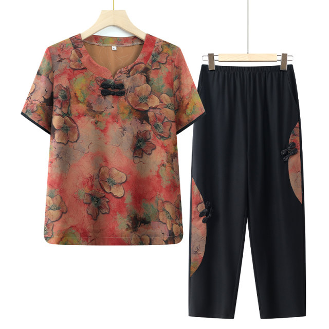 Middle-aged and elderly women's clothing grandma summer suit mom summer short-sleeved 2024 new clothes for old ladies and the elderly