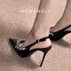 2025新款性感尖头水钻包头黑色高跟鞋女绝美细跟气质裸色漆皮单鞋