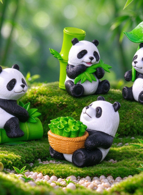 可爱树脂小熊猫摆件微景观手工造景创意小动物小车蛋糕装饰摆设