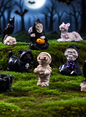 创意万圣节树脂骷髅小人乌鸦摆件
