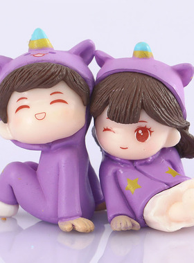 可爱睡衣情侣摆件塑料卡通小人创意手工蛋糕装饰微景观花盆摆设