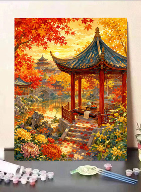 数字油画diy中式园林手工填色儿童成人治愈四季风景手绘装饰画