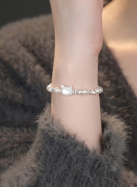 足银s999猫头碎银珍珠手链清新甜美韩风复古感精美手饰