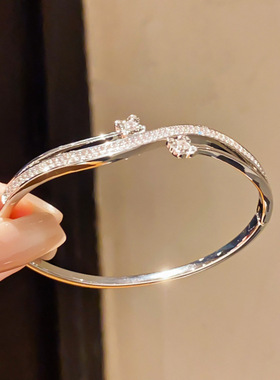 18k真金电镀轻奢风锆石双层手镯欧美时尚简约几何手环手饰女