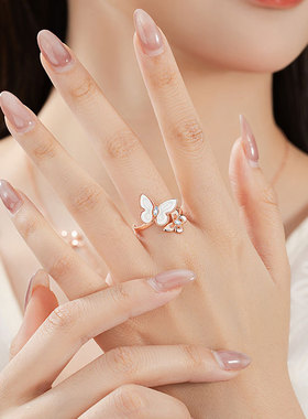 蝴蝶纯银925戒指女小众设计轻奢款白贝母戒环ins风情人节礼物对戒