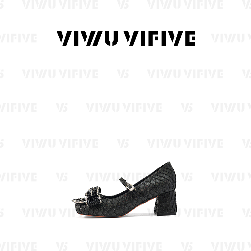 V5 VIWU·VIFIVE「梵希」玛丽珍鞋小香风鱼皮珍珠蝴蝶结粗跟单鞋,淘宝优惠券,粉丝福利购,淘宝优惠卷