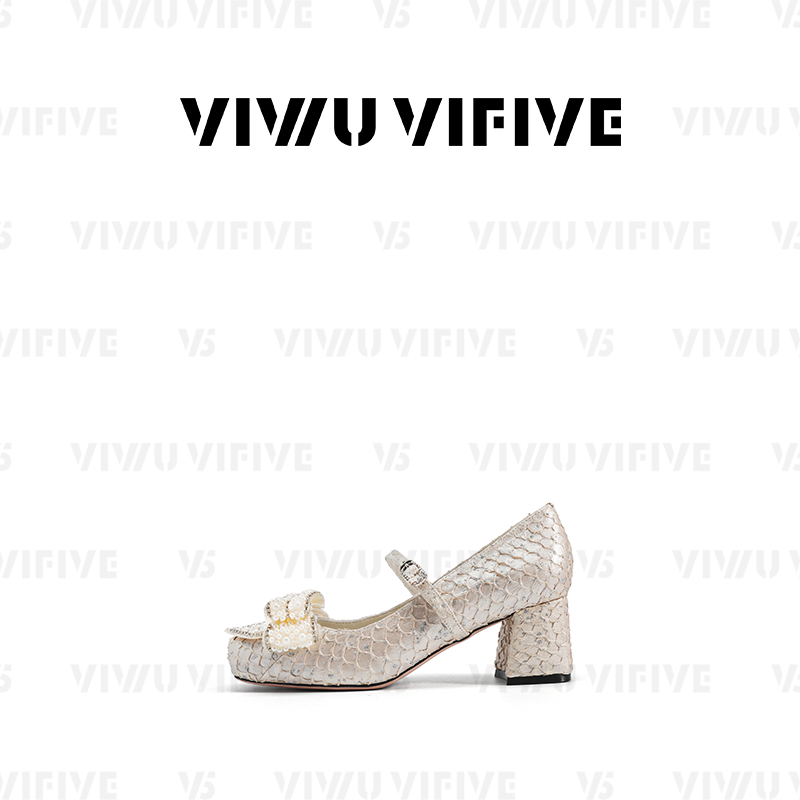 V5 VIWU·VIFIVE「梵希」玛丽珍鞋小香风鱼皮珍珠蝴蝶结粗跟单鞋,淘宝优惠券,粉丝福利购,淘宝优惠卷