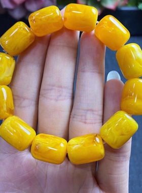 鸡油黄飘花蜜蜡平替桶珠手串男女款白花蜜手链文玩桶珠工艺品配饰