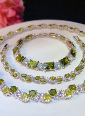 油画色橄榄绿锆石水晶手链叠戴两戴轻奢显白颈链可拆卸项链爆闪潮