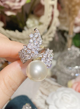 法式高级感澳白珍珠满钻戒指