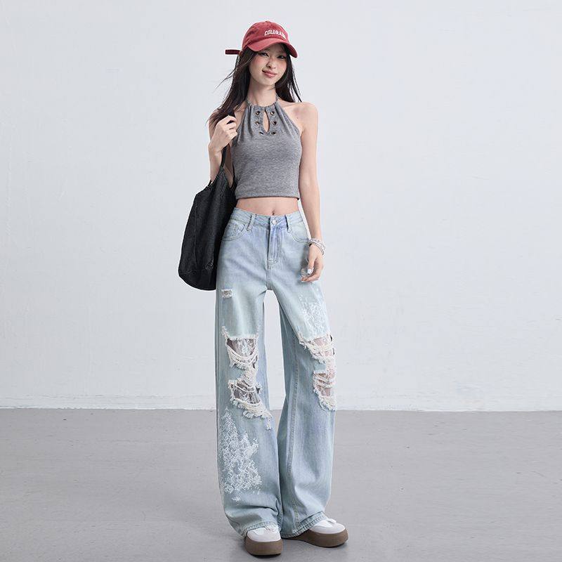浅蓝破洞蕾丝阔腿牛仔裤女秋冬秋季2025年新款设计感宽松直筒裤子,淘宝优惠券,粉丝福利购,淘宝优惠卷
