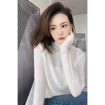 Meyang Meiyang flowers interlace wine lace undershirt long sleeve inner lap with half high collar T spring autumn and winter female