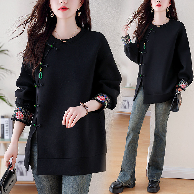 九月陌墨新中式国风圆领卫衣女春秋2024新款刺绣大码盘扣宽松上衣,淘宝优惠券,粉丝福利购,淘宝优惠卷