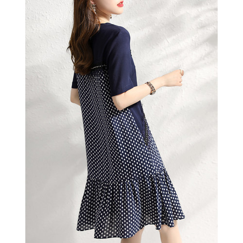 九月陌墨拼接波点夏季时尚收腰气质显瘦荷叶边T恤裙短袖连衣裙女 - 图1