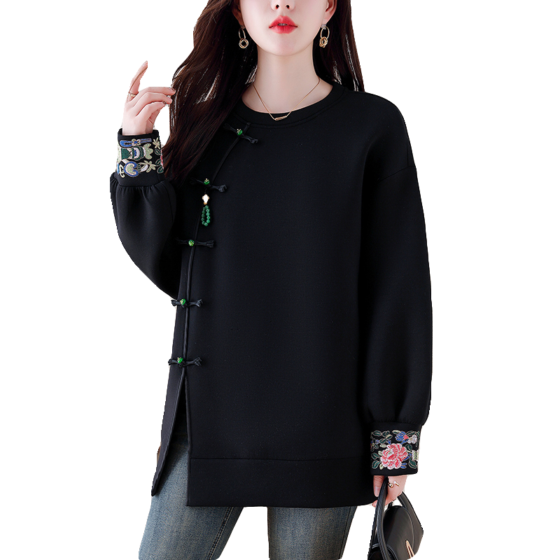 九月陌墨新中式国风圆领卫衣女春秋2024新款刺绣大码盘扣宽松上衣,淘宝优惠券,粉丝福利购,淘宝优惠卷