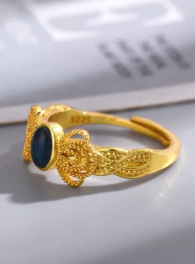 新款新中式镶宝蓝玉蝴蝶结开口戒指女士气质高颜值潮时尚百搭轻奢