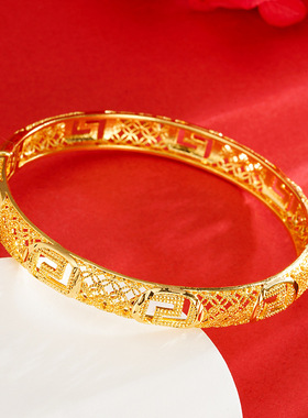 中国风沙金镂空卡扣手镯回纹古法工艺女款镀金抖音直播爆款
