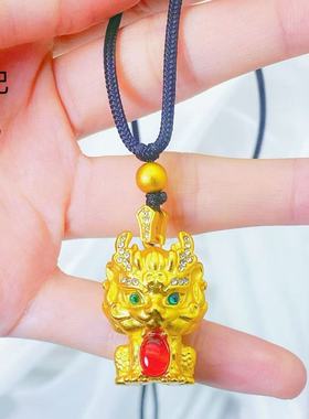 金店同款古法沙金麒麟献瑞吊坠新中式镶钻瑞兽铜镀金项链女士