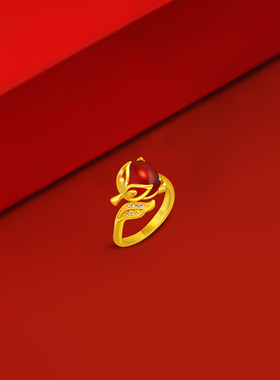 越南沙金女款古法金镶玉红狐狸戒指 送朋友送礼狐狸开口指环戒指