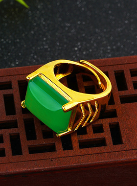 老板新品男士镀金镶玉髓开口戒指越南沙金男款宝石戒指可调节男戒