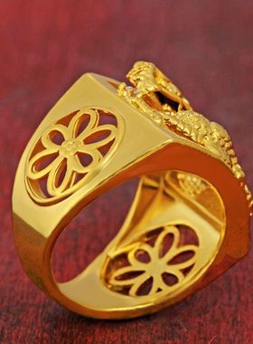 越南沙金戒指精品男士霸气大龙戒老挝砂金仿金纯铜镀金镂空龙戒男