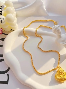 香港金店同款高保色古法沙金镂空福字弥勒佛吊坠女项链配莲花黑绳