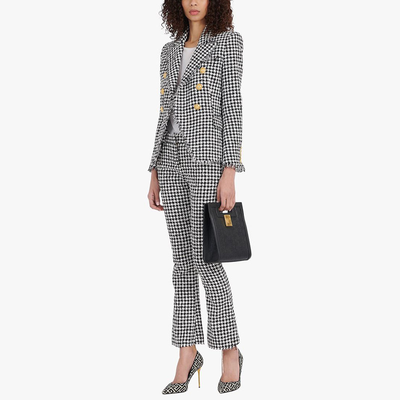 2025春秋新款千鸟格经典高腰阔腿喇叭裤休闲气质西装+长裤套装女,淘宝优惠券,粉丝福利购,淘宝优惠卷