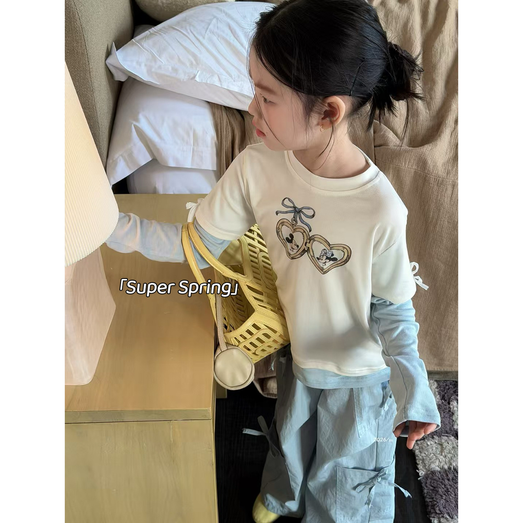 女童26春季新款韩版撞色长袖T恤上衣假两件拼接蝴蝶结套头打底t棉,淘宝优惠券,粉丝福利购,淘宝优惠卷