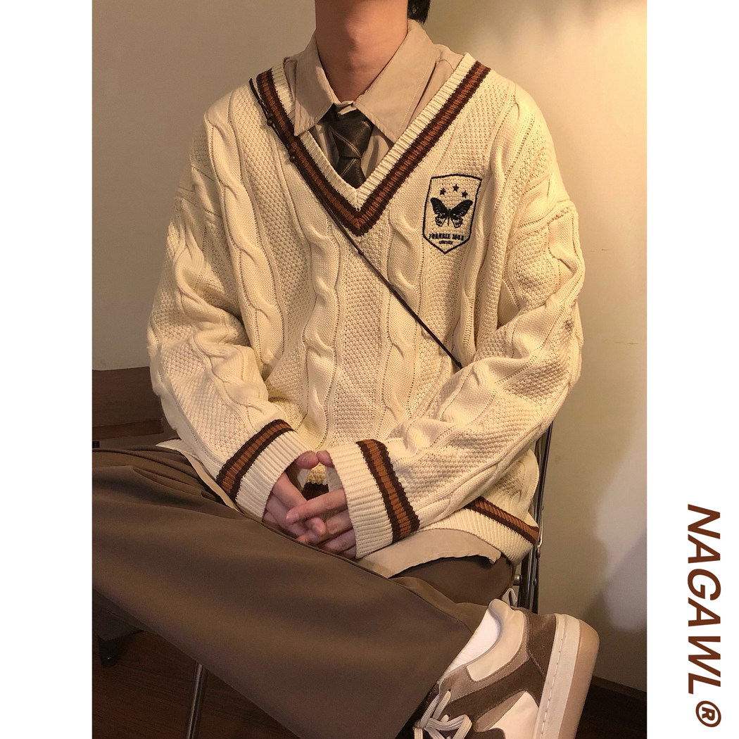 Nagaw冬季美式复古蝴蝶提花宽松日系学院风刺绣V领毛衣男针织衫潮,淘宝优惠券,粉丝福利购,淘宝优惠卷